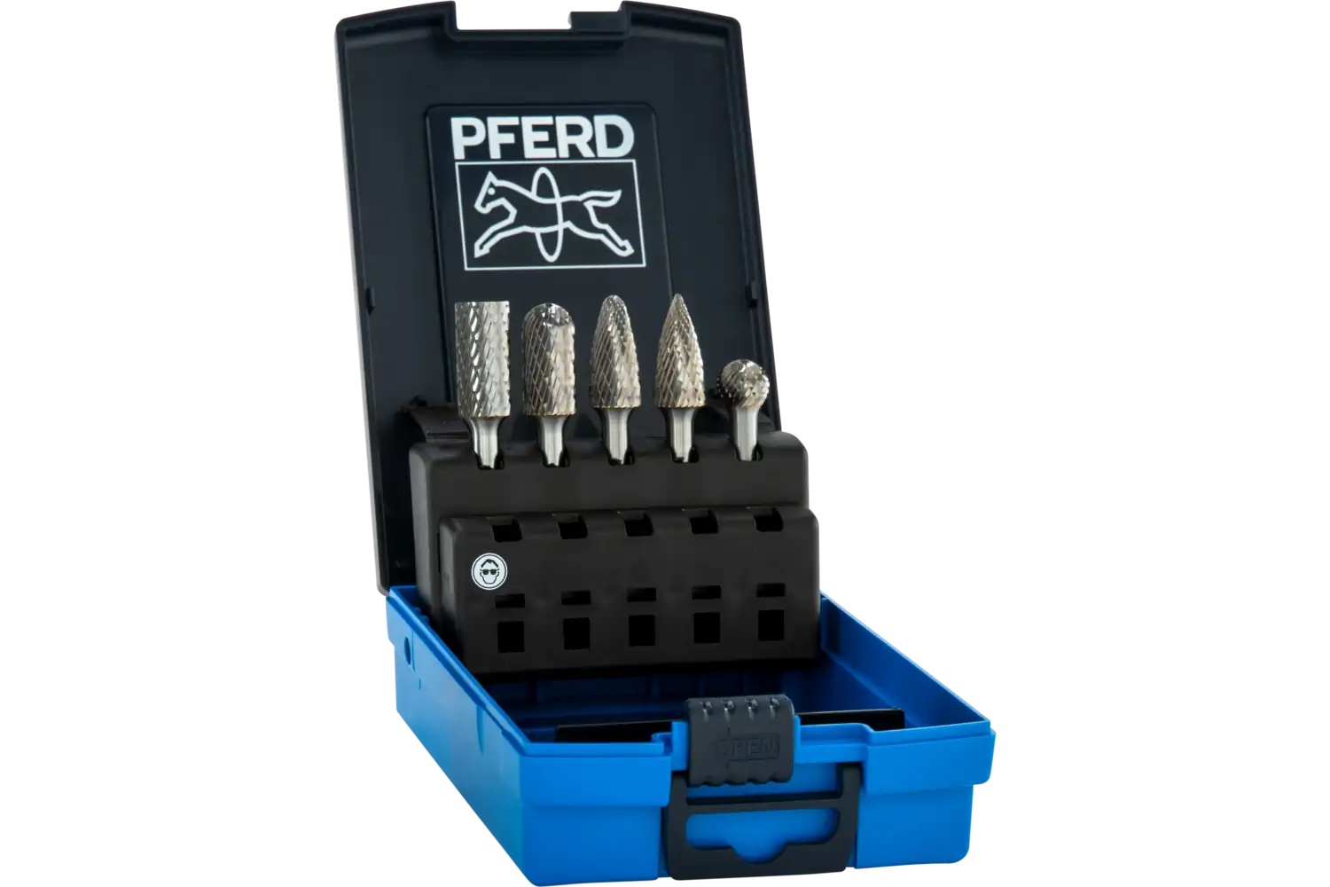 Picture of Pferd Carbide Bur Set 5 Piece TOUGH Cut/Double Cut 1/4" Shank Plastic Case